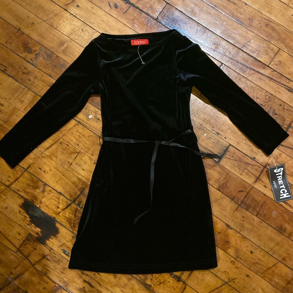 Girls New Black Stretch Velvet Esprit Dress